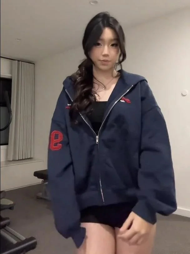 Embroidered Oversize Fce Lined Hoodie Cardigan Women's Spor Chic Autumn Winter Loose Fit Long Sve Cotton Jaet