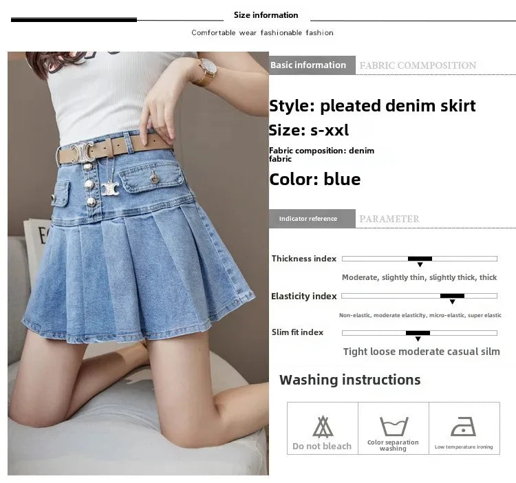 High-Waisted Denim Skirt Women's Slimming Mini Dress 2024 Spring Summer European Style Half Skirt Age-Reducing Fashionable Pleat