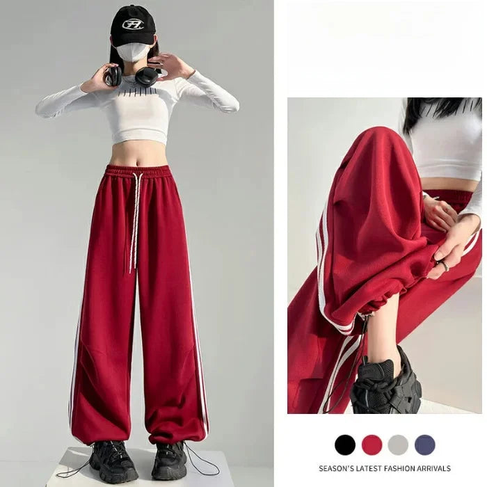 New 2025 American Stripe Sports Pants Women's Spring Autumn Wide Leg Loose Jazz Dance Casual Parachute Long Trousers