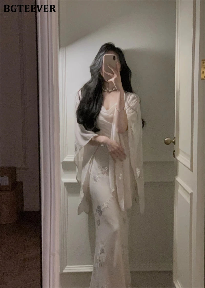 BGTEEVER Autumn Winte Slim OL Embroidery Set Long Sleeve Cardigans & Spaghetti Strap Package Hip Dress Ladies 2 Pieces Set