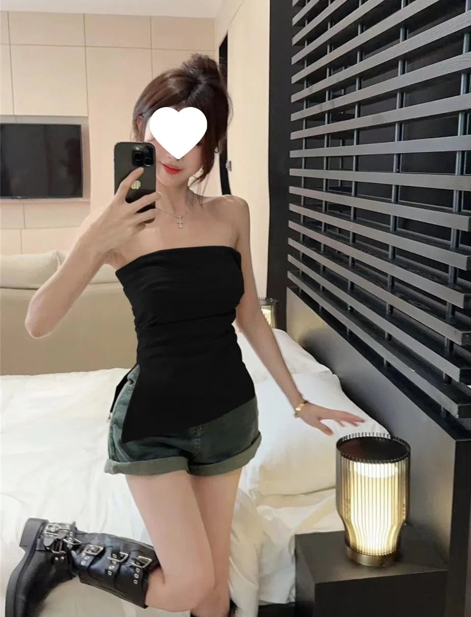 Sexy Open-Back Strapless Sleeveless T-Shirt Women's Spring Autumn Slimming Grey Top Cropped Outer Wear Base Wrap Chest
