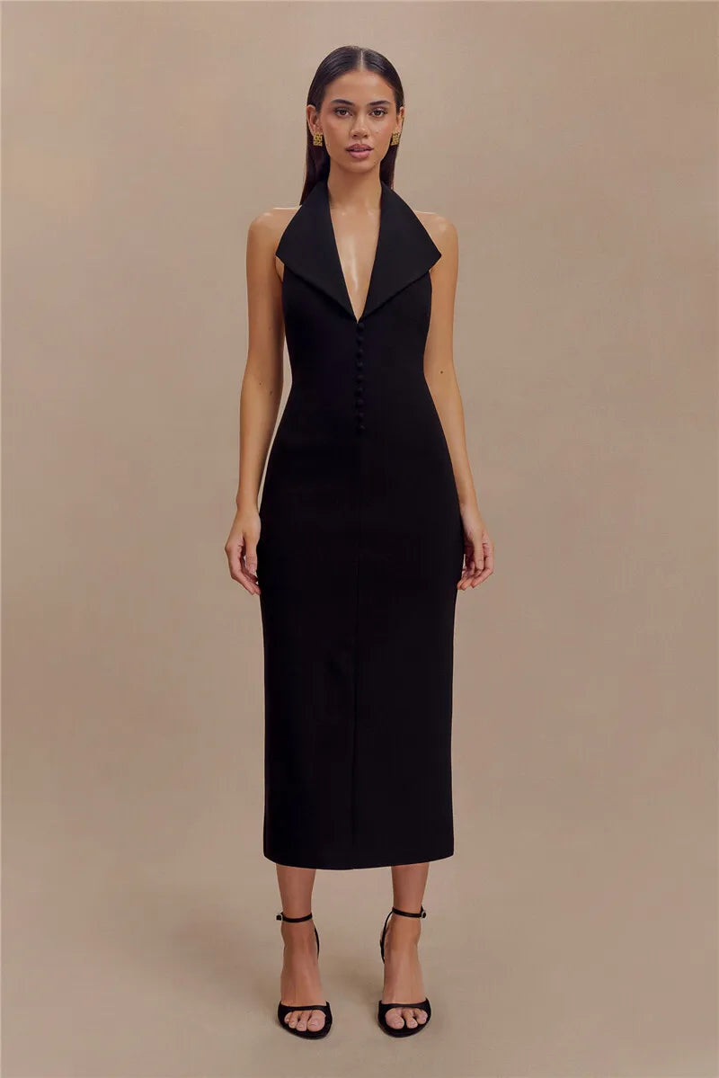 Mozision Halter Deep V Neck Sleeveless Sexy Maxi Dress For Women Elegant Backless Bodycon Tank Dress Femme Fashion Long Dress
