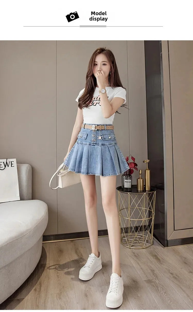 High-Waisted Denim Skirt Women's Slimming Mini Dress 2024 Spring Summer European Style Half Skirt Age-Reducing Fashionable Pleat