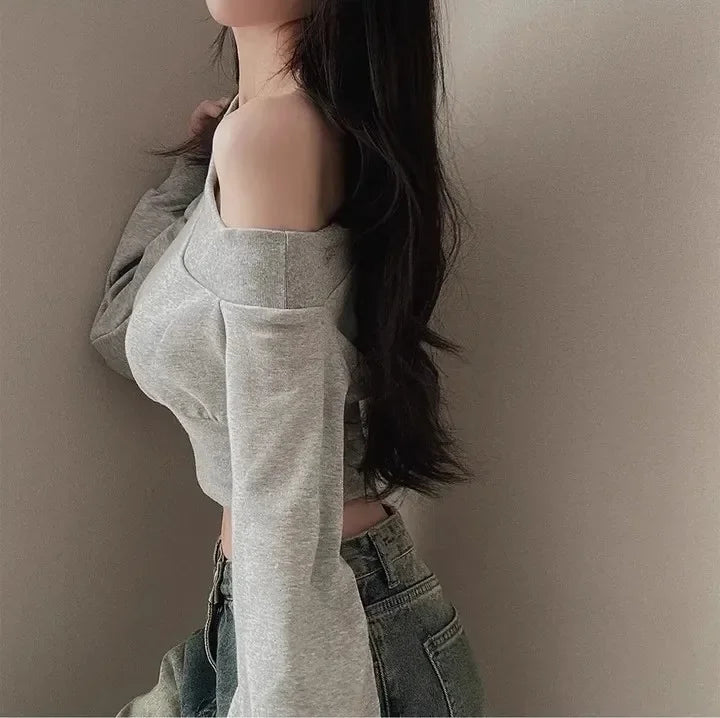 Women's Autumn Off-the-shoulder Sweatshirt Cropped Top Embroidery Loose-fit Windy Sweet Girl Hoodies Thin Material