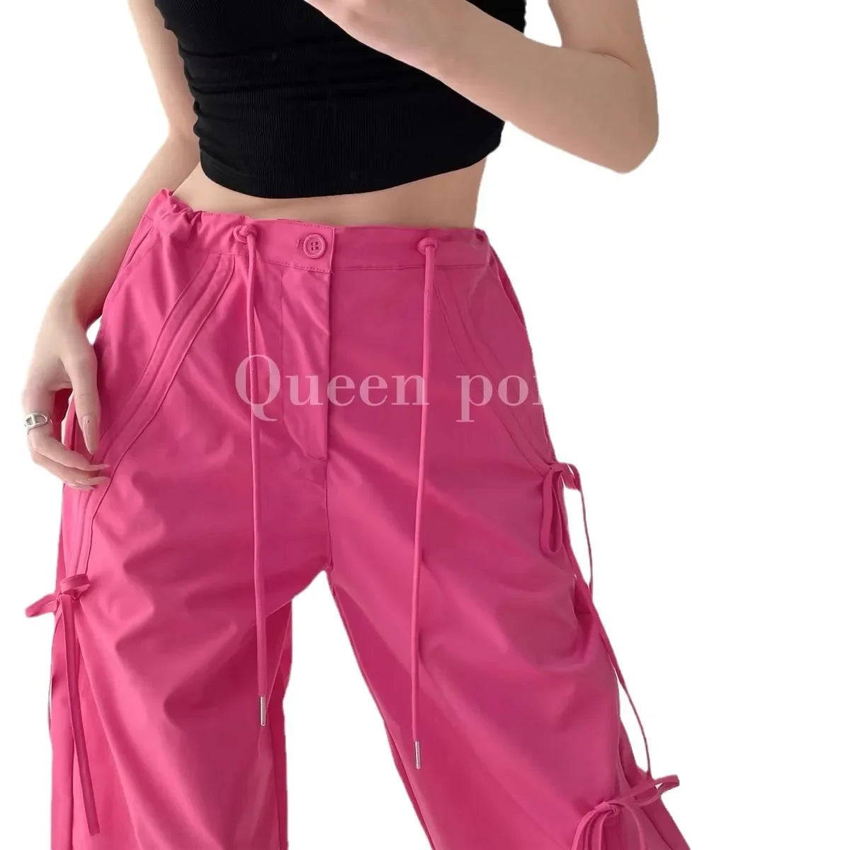 American Style Women's Summer Cargo Pants With Bowmint Green Drawstring Casual Bell Bottoms New 2024 Fashion Trend Long Pants