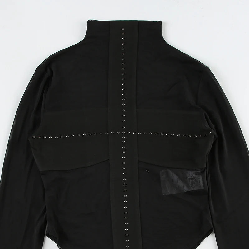 IAMSURE Sexy Patchwork Mesh Bodysuits See Through Turtleneck Long Sleeve Rompers Women 2024 Autumn Spring Fashion Streetwear