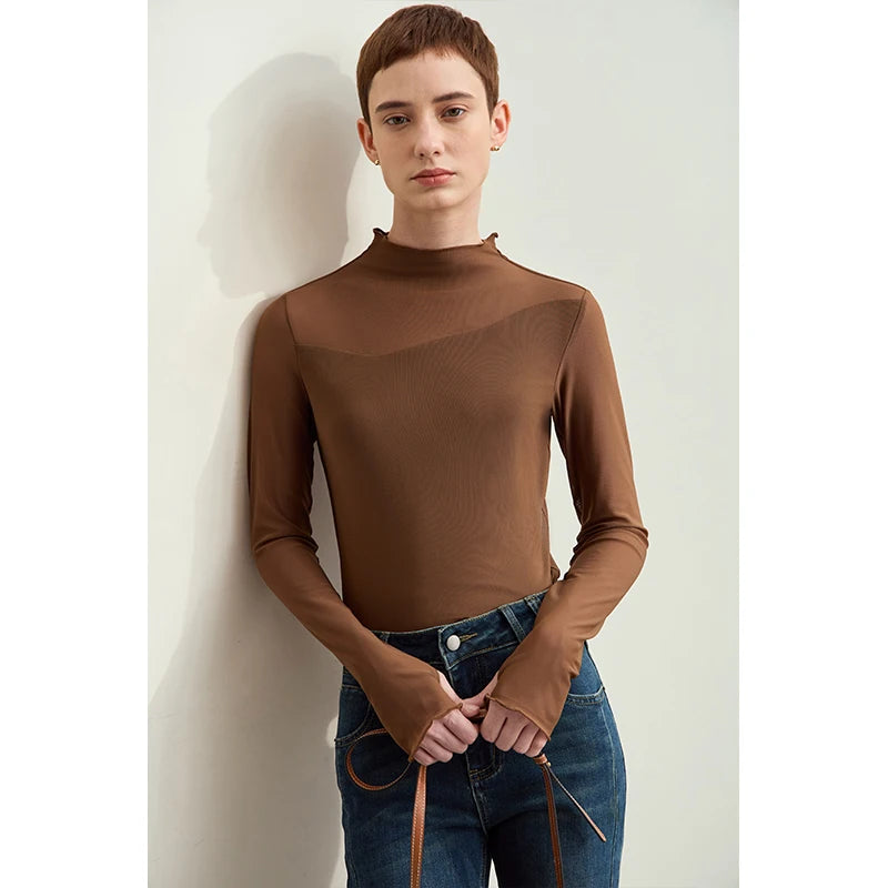Amii Minimalism Mesh T-shirts For Women 2025 Spring New Office Lady Half-high Neck Micro Perspective Slim Retro Shirt 12423055