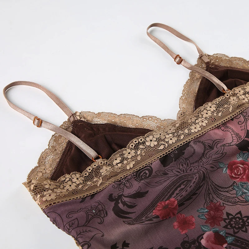 Rockmore Vintage Tulle Patchwork Floral Print Camis Women Mesh Lace Cross V Neck Crop Top Y2K Aesthetic Female Backless Corset