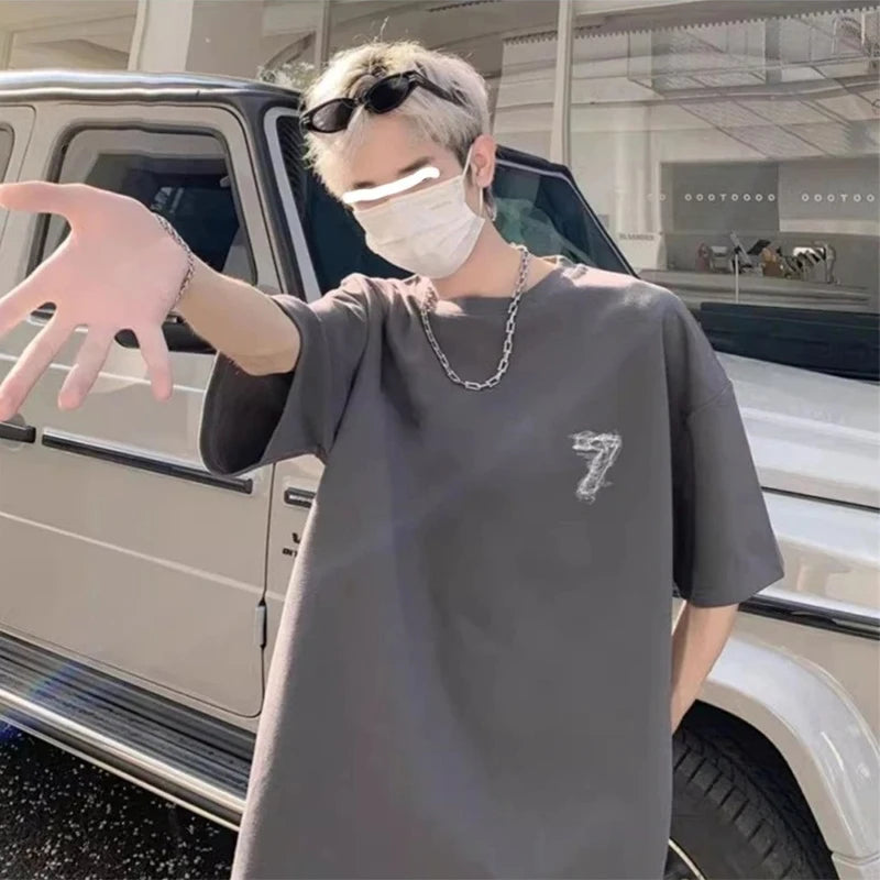 2025 Summer Goth Seven Printed Short Sleeve Tshirt Men's Hip Hop Fashion Cotton Oversized T-shirts High Street Y2K Tee Tops