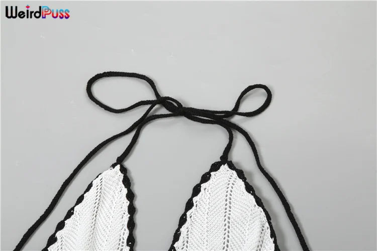 Weird Puss Sexy Elegant Halter Dress Women Summer Backless Lace-Up Color-Block Sleeveless Trendy Nightclub Wild Fashion Clothing