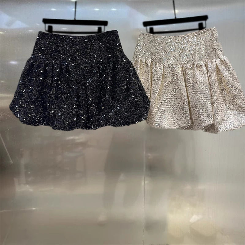 DEAT Fashion Women's Heavy Industry Sequins Skirts For Women Trendy Zipper Wrap Hip Ball Gown Skirt Female Spring New 11A02566