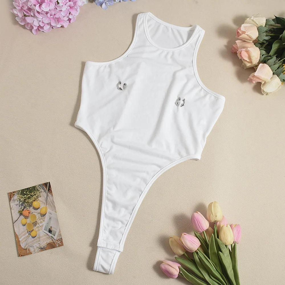 Gtpdpllt Crew Neck Sleeveless Bodysuits White Summer Tank Tops Woman Y2K Clothing Fashion Streetwear Outfits Rompers