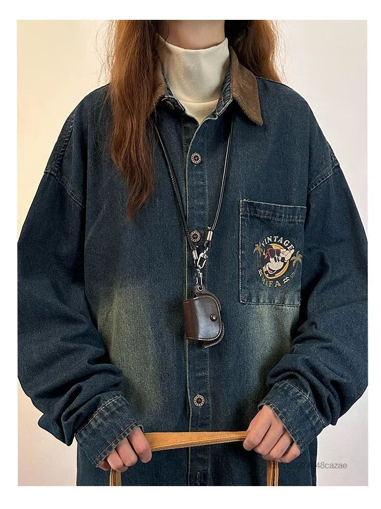 Disney Mickey Mouse American Vintage Print Denim Shirt Fashion Long Sleeve Women's Thin Jacket Spring New Trend Versatile Jacket