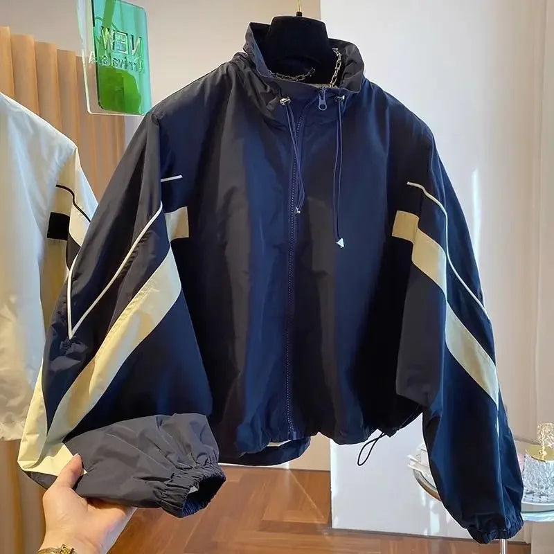 2024 New Design SensibilityNiche Loose-Fit Casual Drawstring Stand Collar Jacket Women's Spring Autumn Baseball Uniform