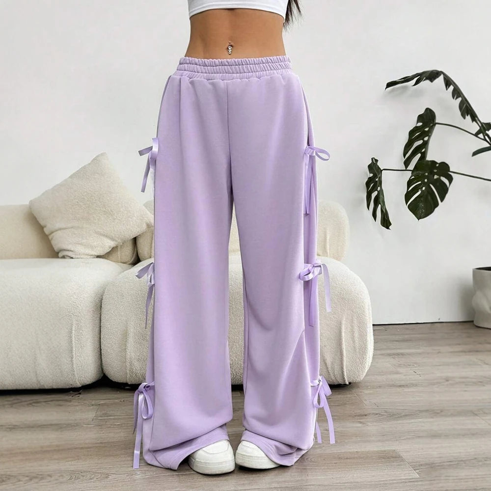 Mia Muse Women's Summer Pants 2025 Sporty Plain Bowknot Full Length High Waist Wide Leg Daily Basic Pants