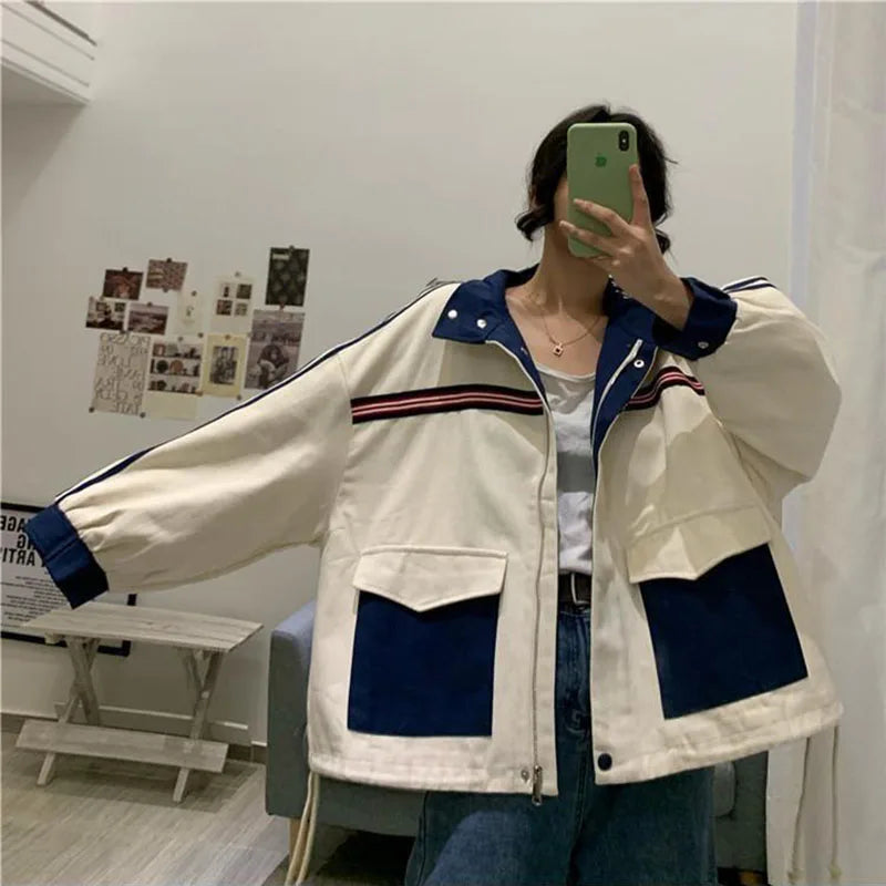 Patchwork Jacket Women American Loose Streetwear Blue and White Zipper Clothes Casual Chic Long Sleeve Harajuku Outwear