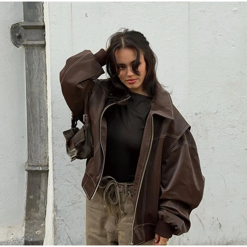 Fashion Green PU Leather Jacket Women Laple Zipper Loose Full Sleeve Single Breasted Cropped Coat 2024 New Lady Solid Streetwear