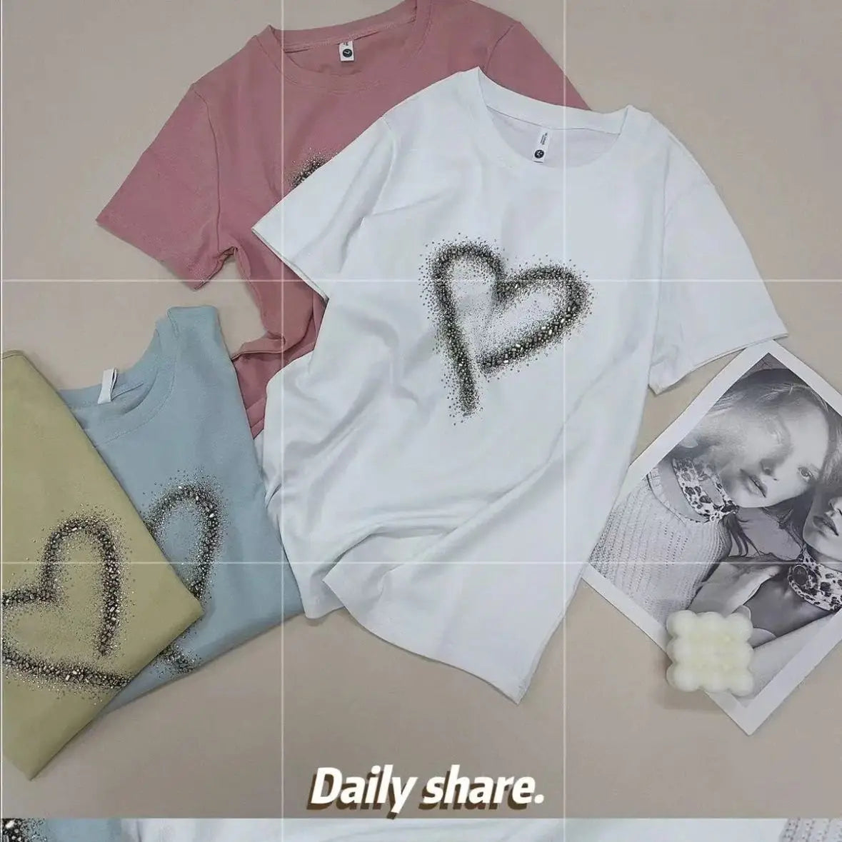 Pure Cotton Round Neck Short Sleeve Diamond Heart Print Tshirt Women Loose Casual Elegant Top
