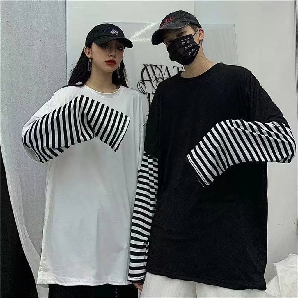 Long Sleeve Fake Two-piece T Shirt Striped Big Shirts Men Clothing Men Fashion Oversized Tees Clothes Tshirt Harajuku Tops Femme