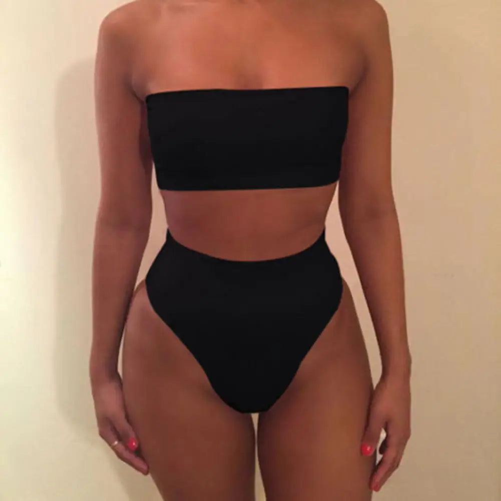 2 Pcs/Set Bikini Set Solid Color Elastic High Waist Strapless Female Bathing Suit Beachwear Summer Lady Swimsuit for Swimming
