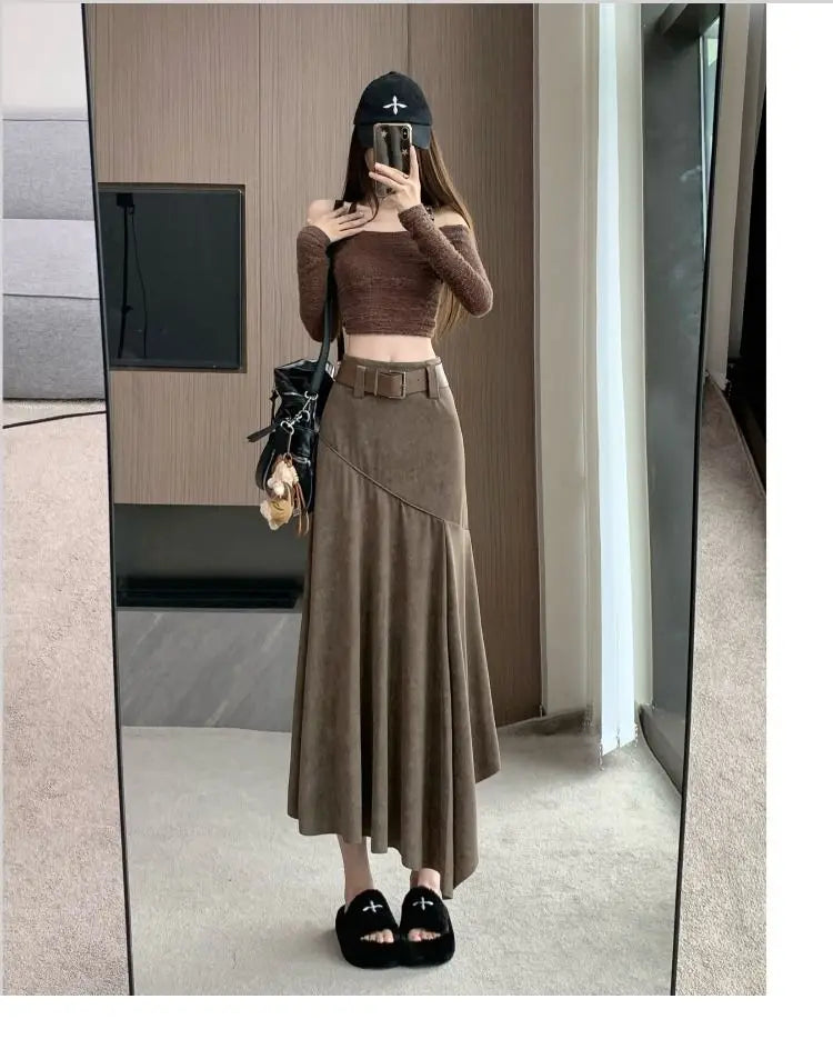 Women Clothing Autumn Korean Fashion Vintage High Waist Asymmetrical Skirts Female Elegant Chic Tie Dye Slim Long Skirt Faldas