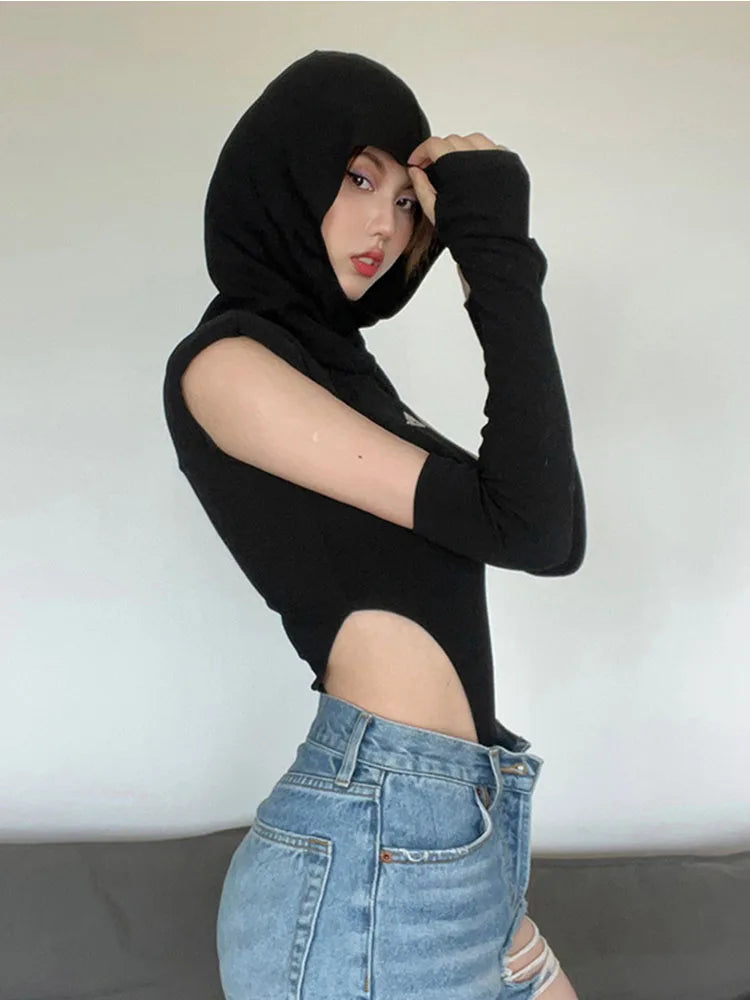 Fashion Solid Color Hooded Bodysuit One Piece Sexy Round Neck Sleeveless Lingerie Sexy Casual Slim Streetwear Festival Outfit