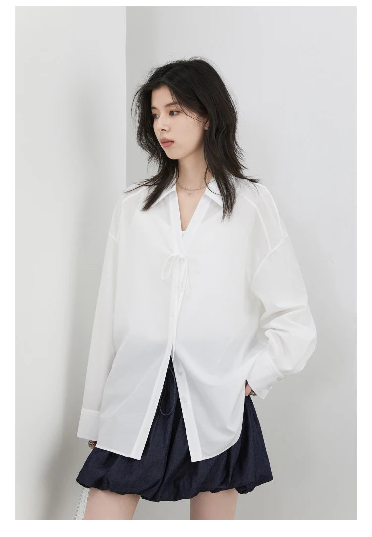 CHIC VEN Women Shirt Loose Casual Solid New Lapel Tie Design Sun Protection Blouses Long Sleeved Female Coat Summer 2025