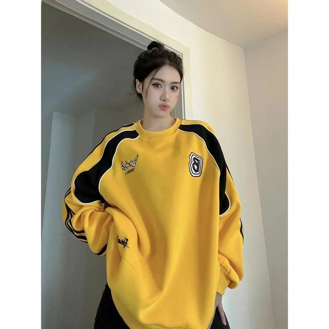 New American Retro Street Brand Color Matching Casual Color Matching Sweater Male Loose Couple Long Sleeve Racing Jacket Female