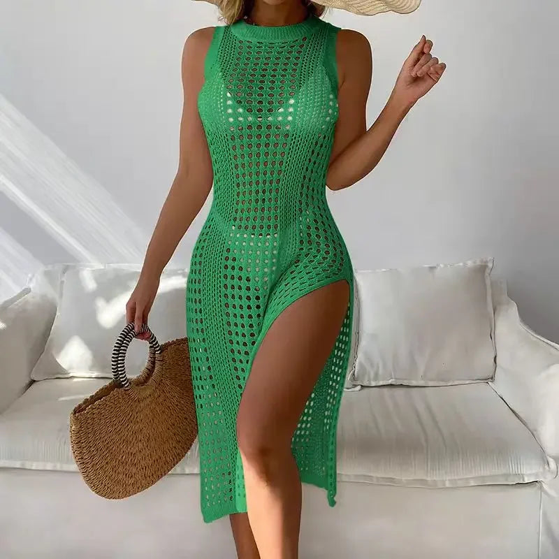 Women's holiday sexy cutout crochet cover swimsuit sleeveless bikini dress smock high slit beach knit solid swimsuit