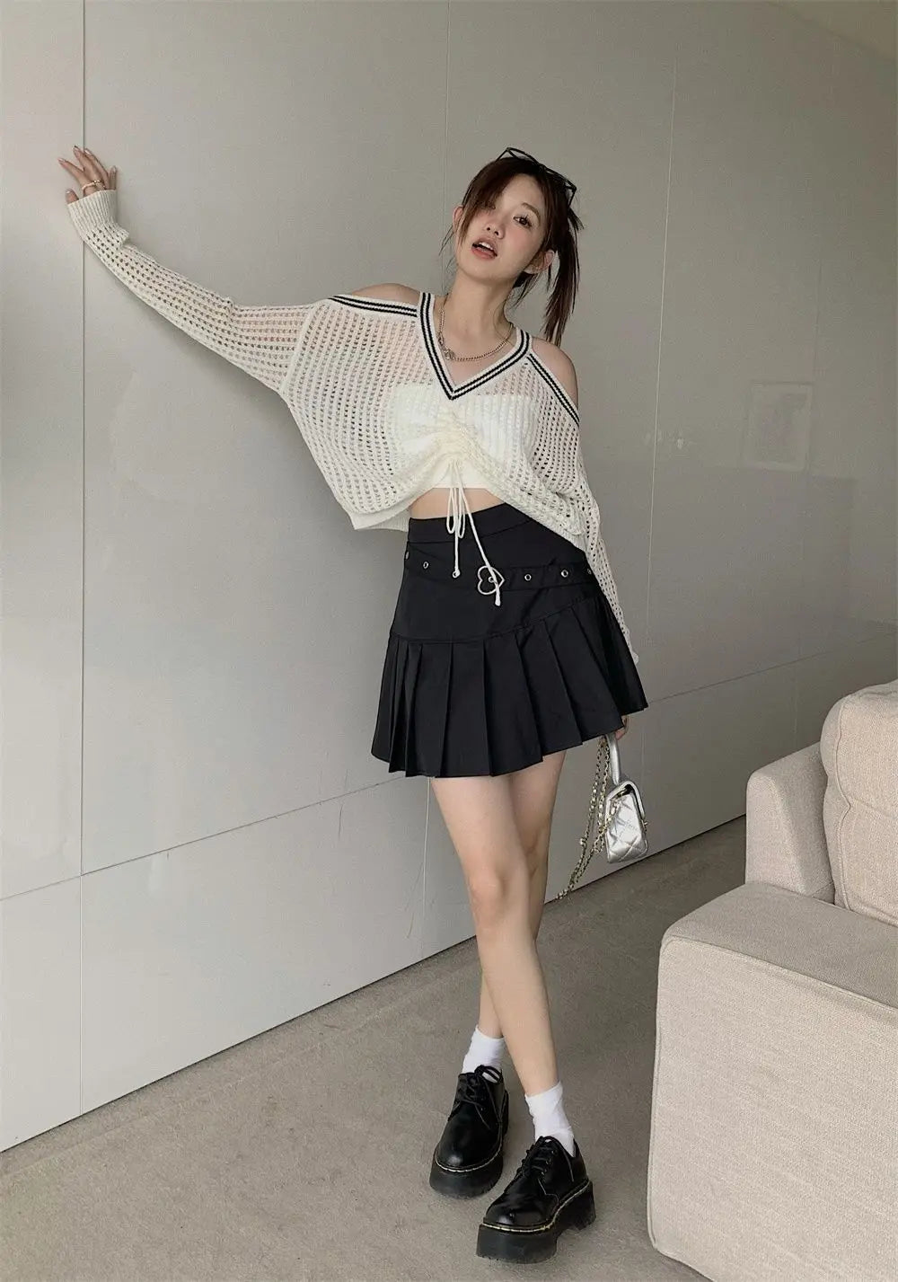 Off Shoulder Hollow Out Shirts Blouses Elegant and Youth Woman Blouse Drawstring Knitted V Neck Tops Vintage Y2k 2022 Fashion