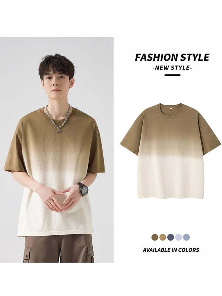Men's Gradient Dyeing T-shirts 230Gsm Cotton Korean Vintage Street Style Oversized Tees Short Sleeve Loose Fit Basic Tops