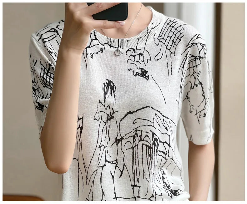 2022 new cashmere short sleeve spring and summer women's fashion short sleeve O-neck Pullover cashmere sweater graffiti short sl