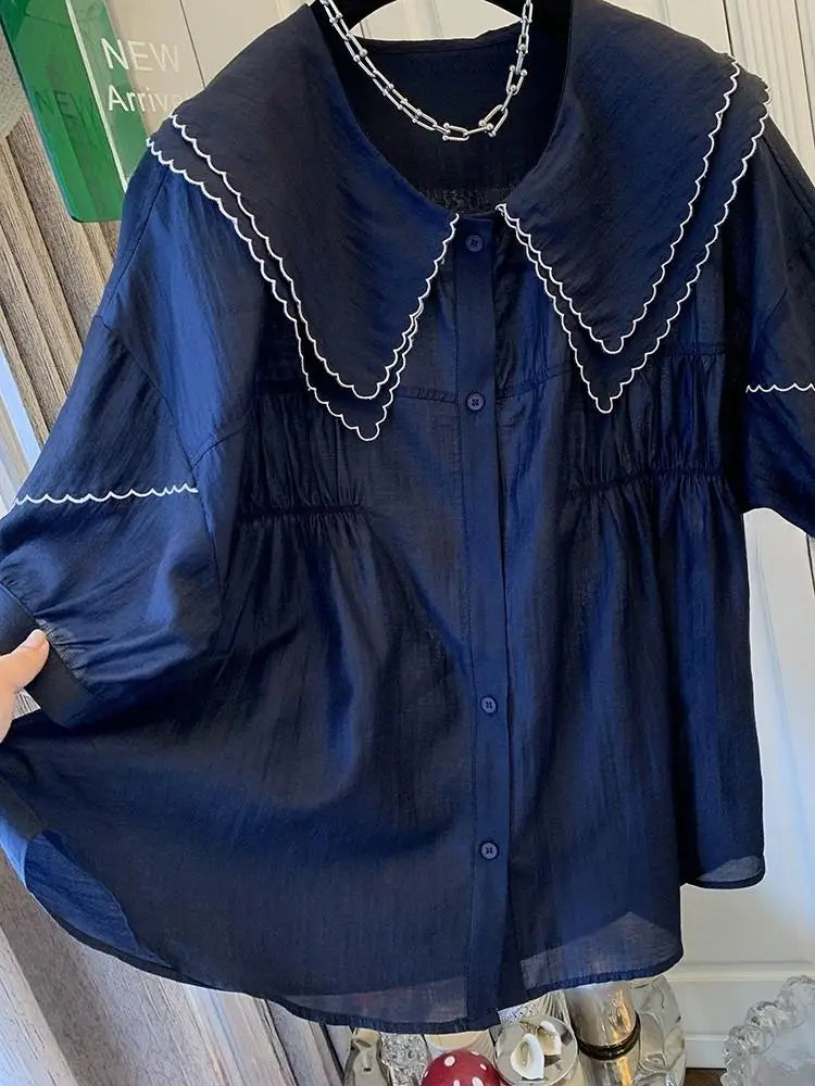 Double Peter Pan Collar Korean Loose Women tops Shirts Lantern Sleeve Shirts Summer Casual Blouse Girls New 2025