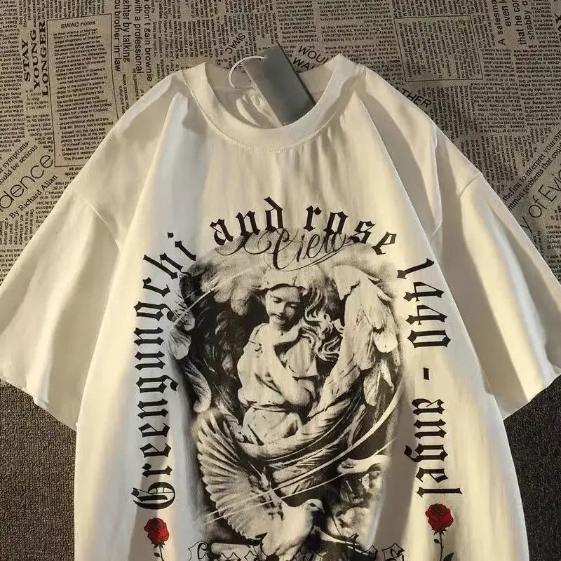 Summer Gothic Retro Print Graphic T shirt Top Fashion Y2K Men and Women Street Hip Hop Harajuku Loose Oversized T shirt