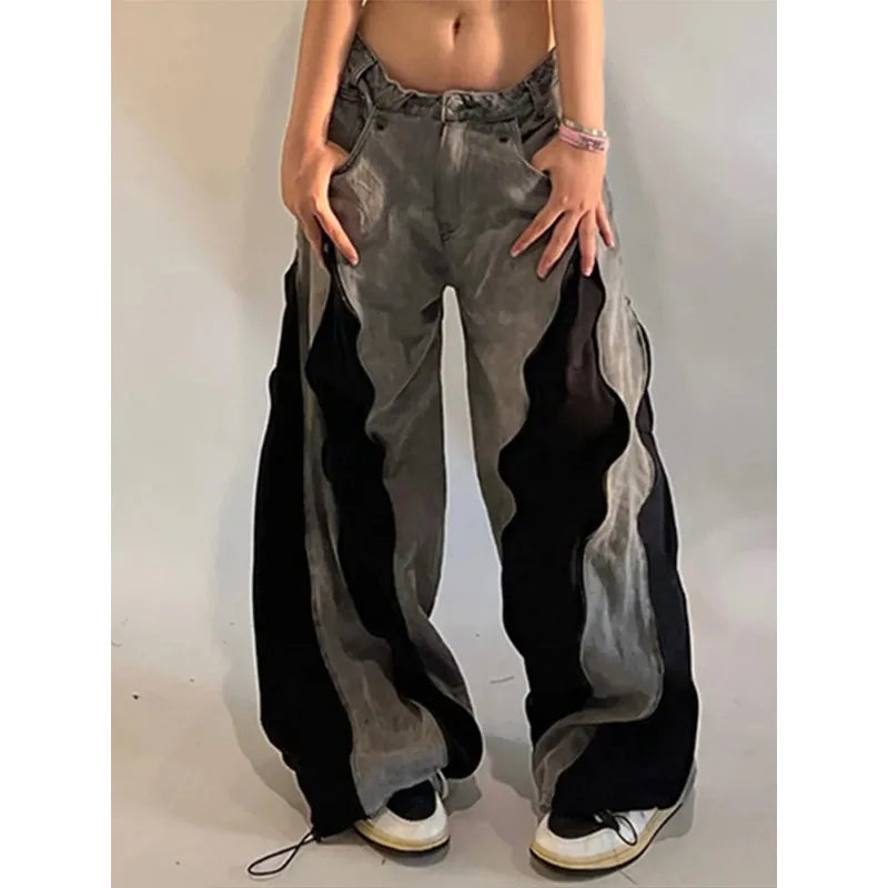 Women's Hip Hop Two-tone Patchwork Low Rise Zipper Denim Pants Baggy Wide Leg Dragging Designer Trousers High Street Jeans Pants
