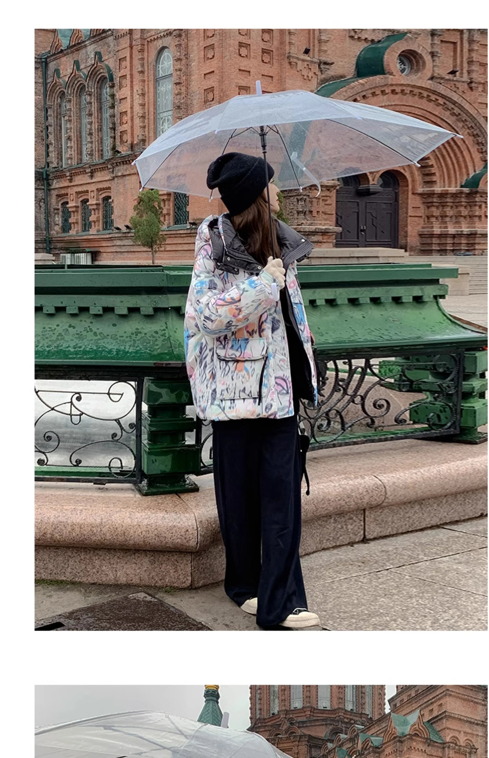 Down Jacket Fashion Short Women's Autumn and Winter Thickened Warm Windproof Warm Loose Hooded Straight Cartoon Anime Print 1Pc