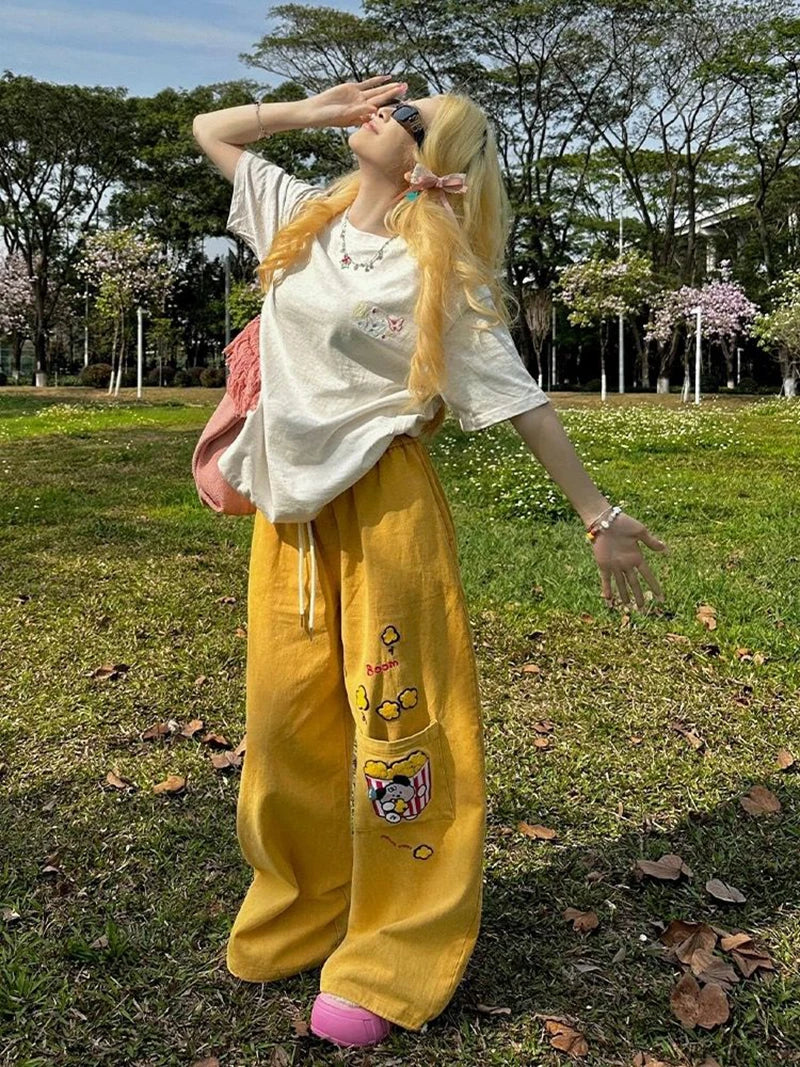 Y2K Cargo Pants Women Oversized Embroidery Sweatpants Harajuku High Waist Wide Leg Joggers Streetwear Korean Baggy Trousers New