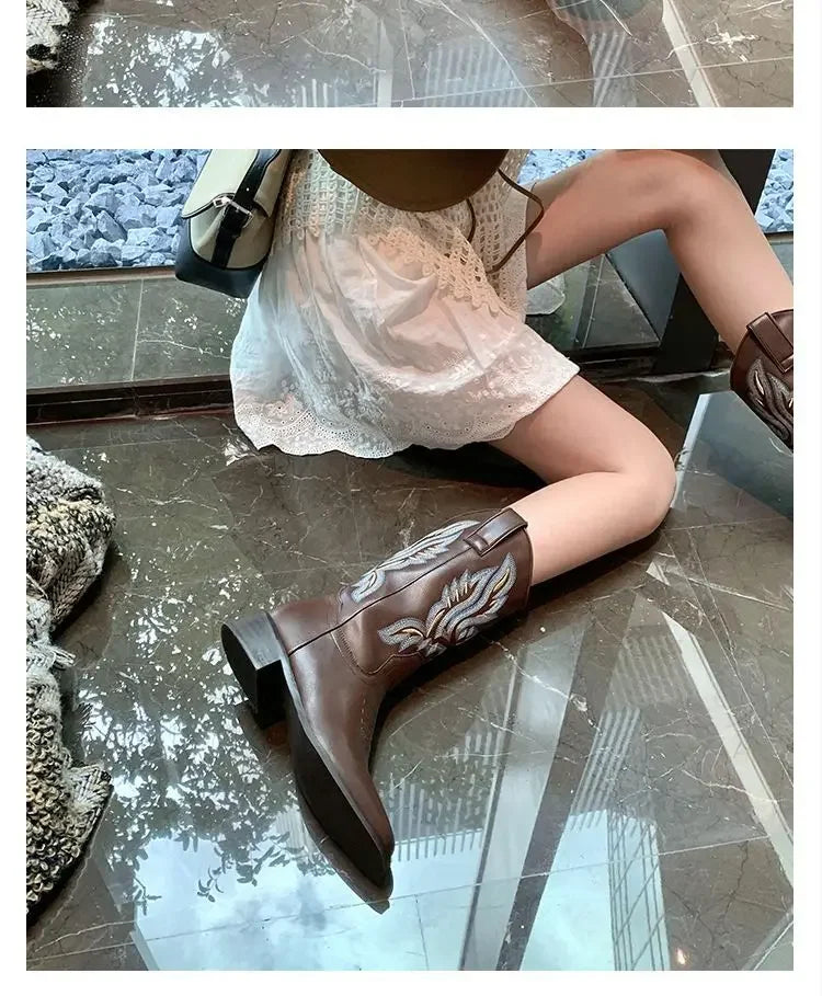 Fall Women Mid-calf Boots 2025 Vintage Leather-covered Brown Western Cowboy Boots Embroidered Chunky Heel Thigh-high Knight Boot