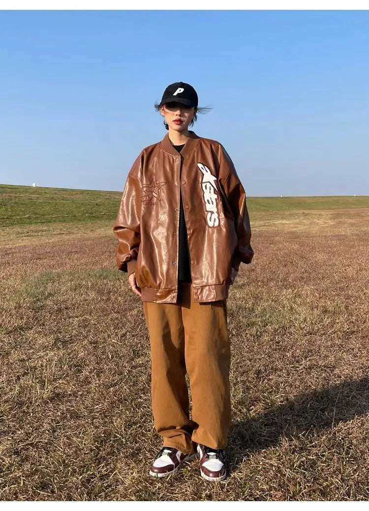 American retro letter embroidery leather Jacket Coat women's Y2K street hip-hop trend baseball suit couple casual leather jacket