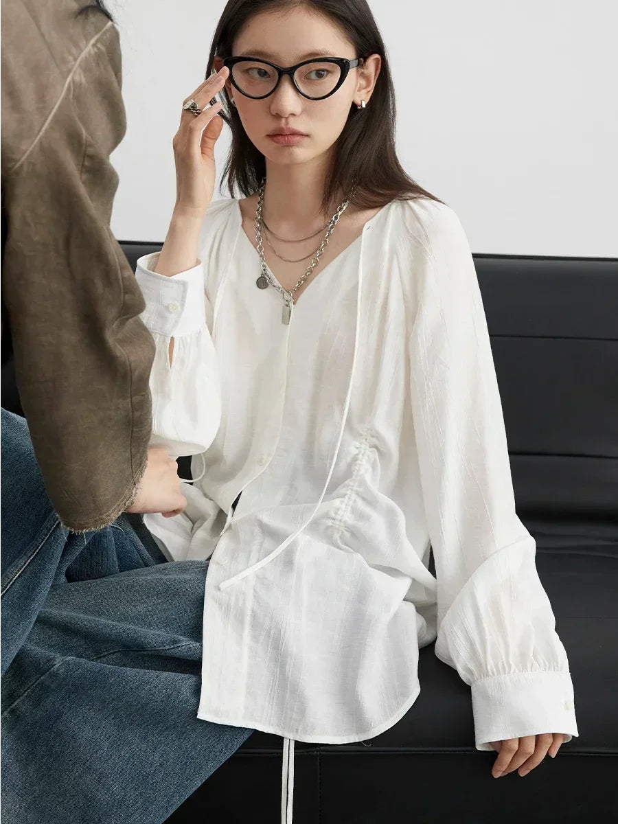 CHIC VEN Women Loose Lace Up Shirt Solid New Korean V-neck Pleated Raglan Long Sleeved Blouses Female Tops Spring Summer 2025