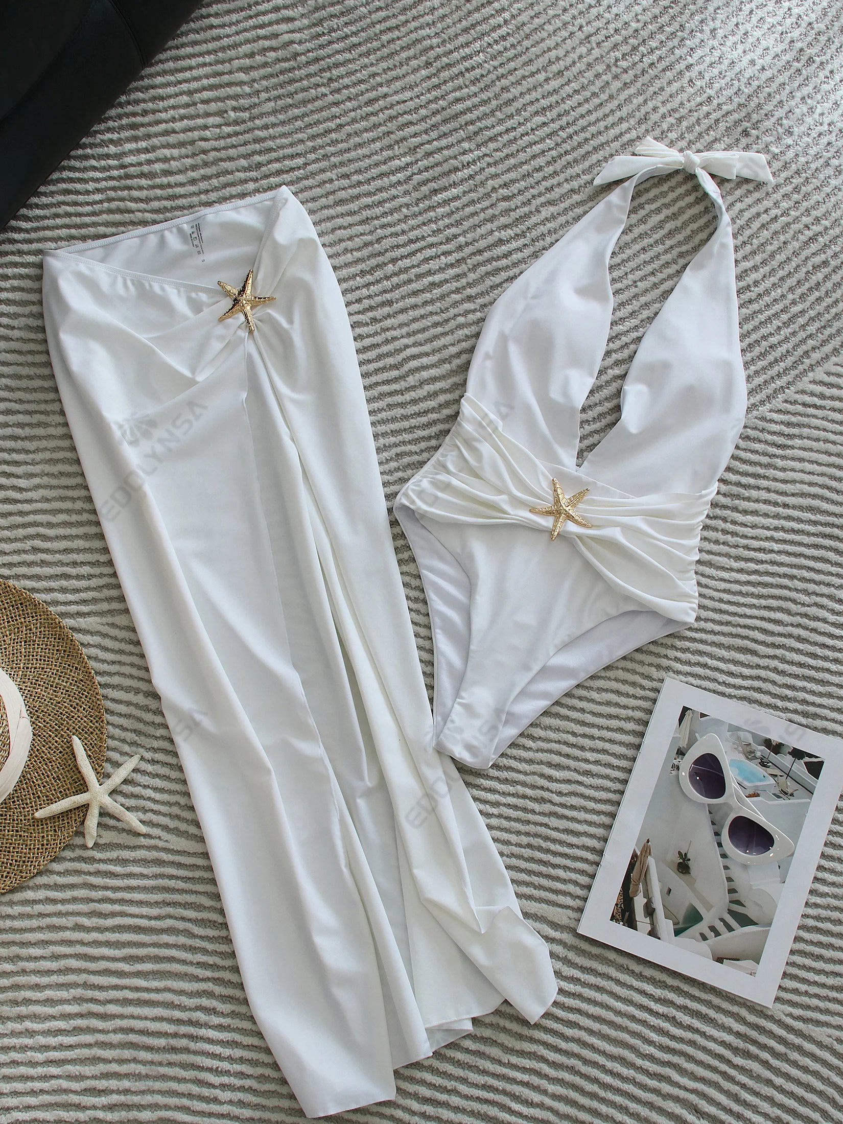 2 Piece Swimsuits for Elegant Women Starfish One Piece Bathing Suits with High Split Skirt Cover ups Sexy Halter Bikini Sets K59