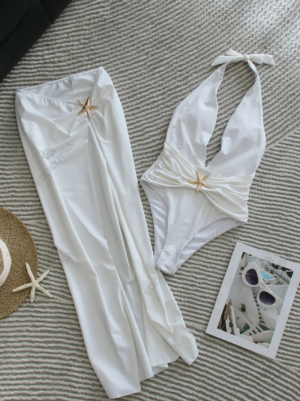 2 Piece Swimsuits for Elegant Women Starfish One Piece Bathing Suits with High Split Skirt Cover ups Sexy Halter Bikini Sets K59