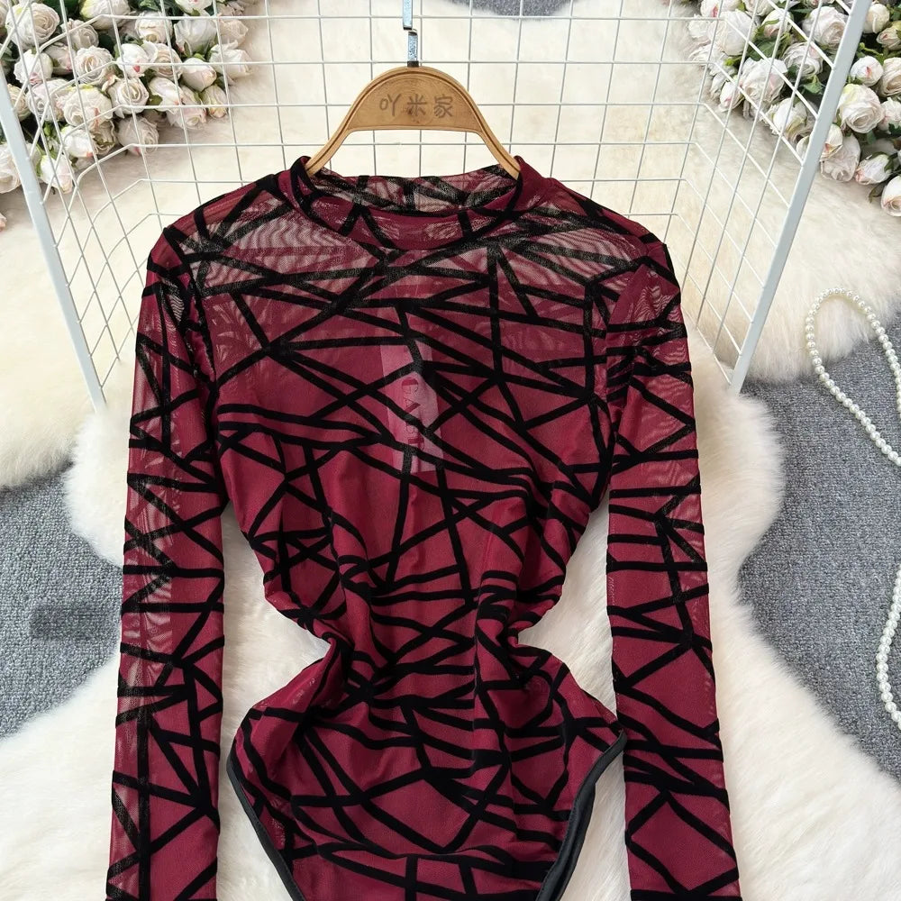 Foamlina Sexy Hollow Out Mesh Bodysuits for Women Fashion Striped Print Stand Collar Long Sleeve Slim Fit Club Party Jumpsuits
