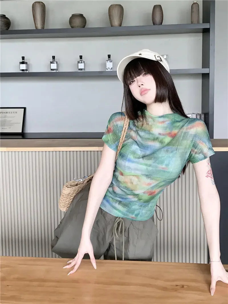 Turtleneck Woman Tops Tie DyeT Shirt for Women Japanese Vintage Fashion Korean Reviews Many Clothes Harajuku Clearance Basic