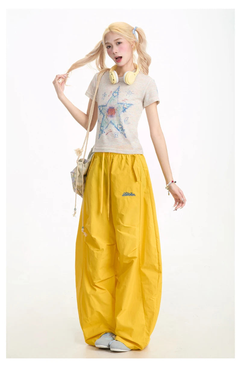 Zoki Streetwear Yellow Cargo Pants Women Vintage Letter High Waist Y2K Wide Leg Trousers High Quality Loose Paratrooper Pants