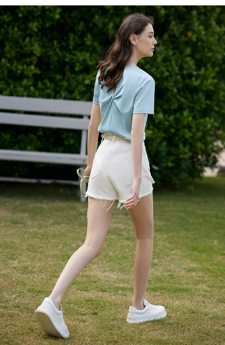 AMII Minimalism 100% Cotton Hollow Out Solid Short Sleeves Tees 2025 Spring New V Neck Top Women Casual Female T Shirt 12342289