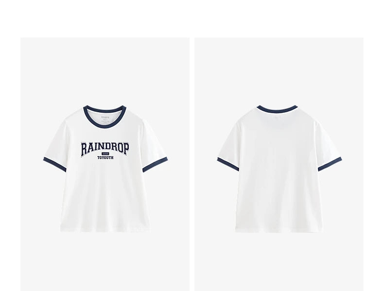 TOYOUTH Women Short Sleeve T shirt 2025 Summer New Color Blocked Letter American Style Antibacterial Cotton Tops GT5210004