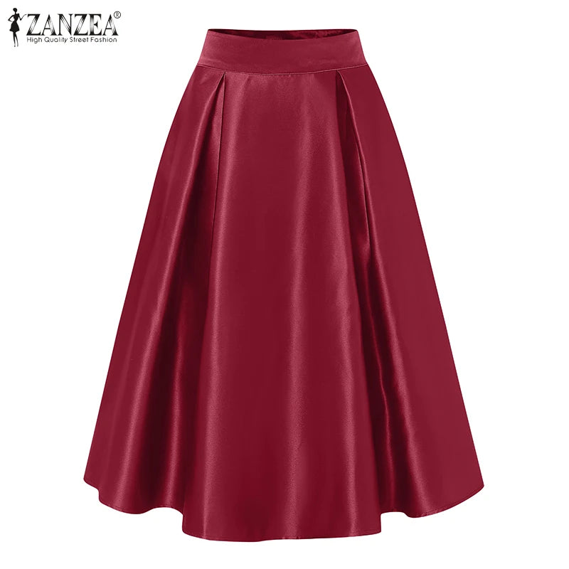 ZANZEA Vintage Solid Color Skirt Women Pleating Swing Jupe Party High Waisted Faldas Casual Loose Satin Silk A-line Overskirts