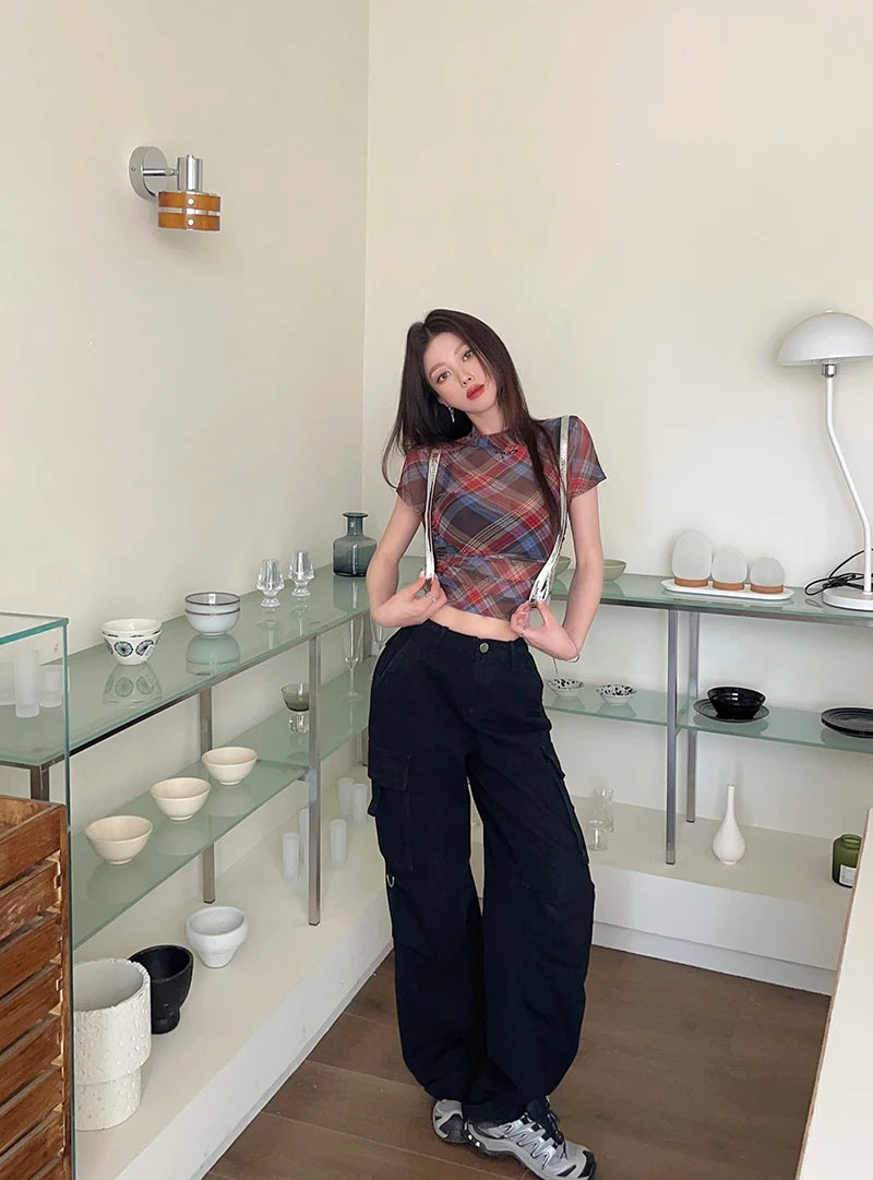 Genayooa Y2k Vintage Mesh Tops Short Sleeve See Through Plaid T Shirt Women Streetwear 2000s Japanese Fariycore Tee Tops Summer