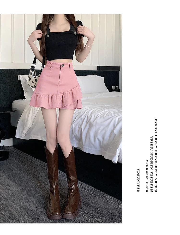 High Waist A-Line  Skirt Women's Spring Summer Denim f-length Skirts with Lace Hemline Cotton Polyester Blend